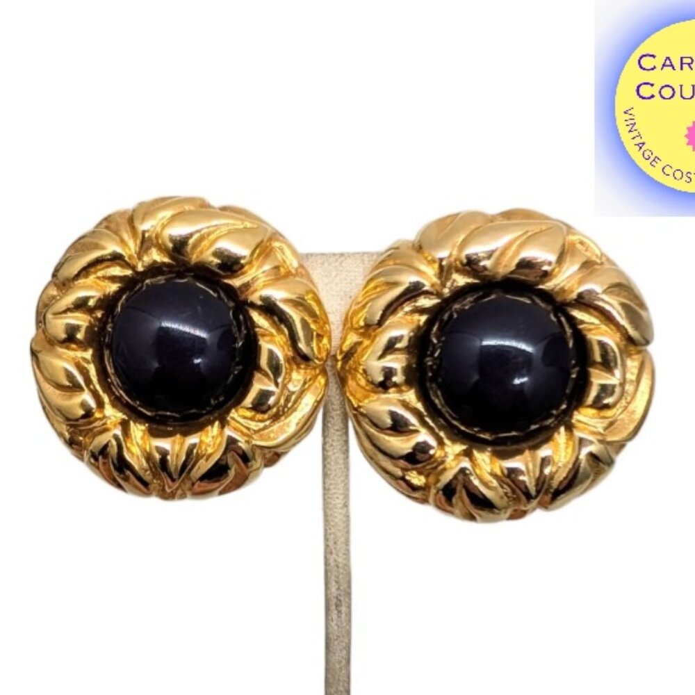 Vintage 1980s Signed Escada Round Goldtone Faux-Onyx Cabochon Clip Earrings